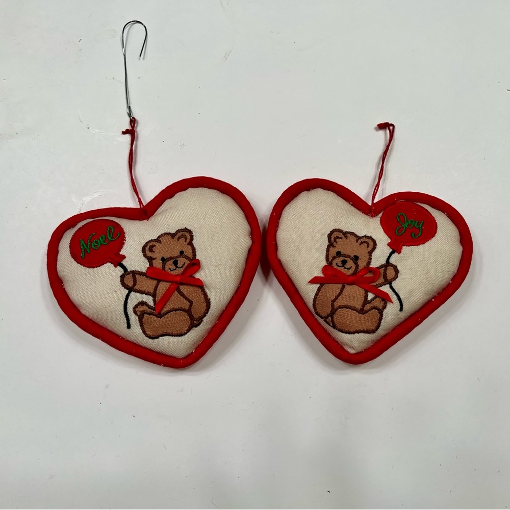 Vintage Cloth Christmas Ornaments Stuffed Fabric Bear in Heart Set Of 2